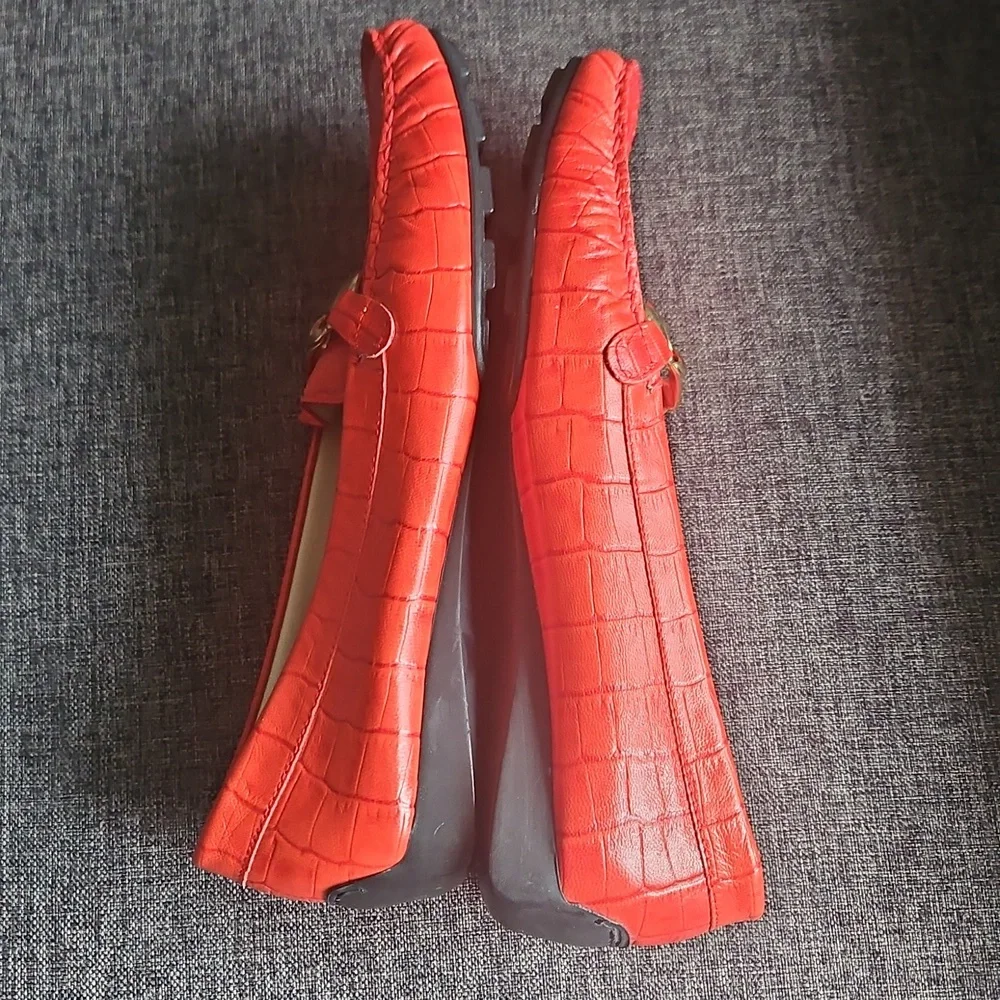 Red Stuart Weitzman patent Cocodrile leather loafers With Gold Trim - Picture 7 of 9